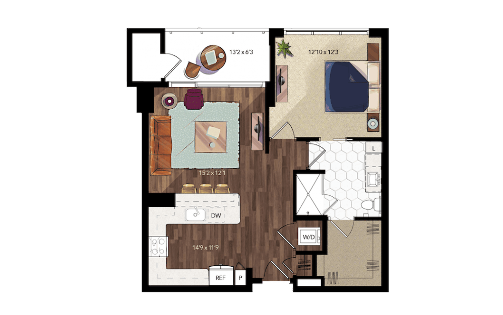 A10 - 1 bedroom floorplan layout with 1 bath and 850 square feet.