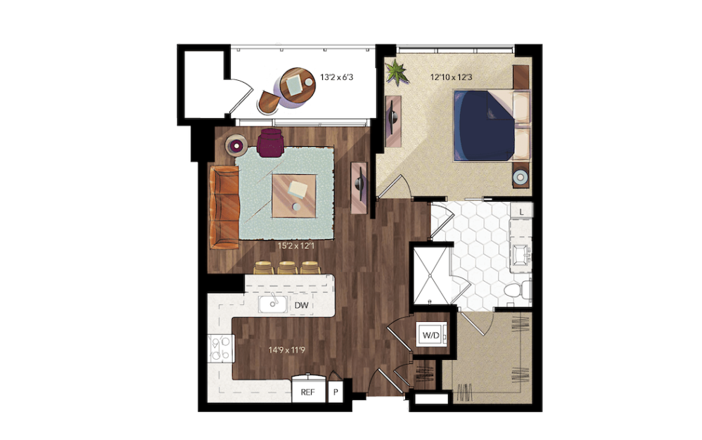 A10 - 1 bedroom floorplan layout with 1 bathroom and 850 square feet