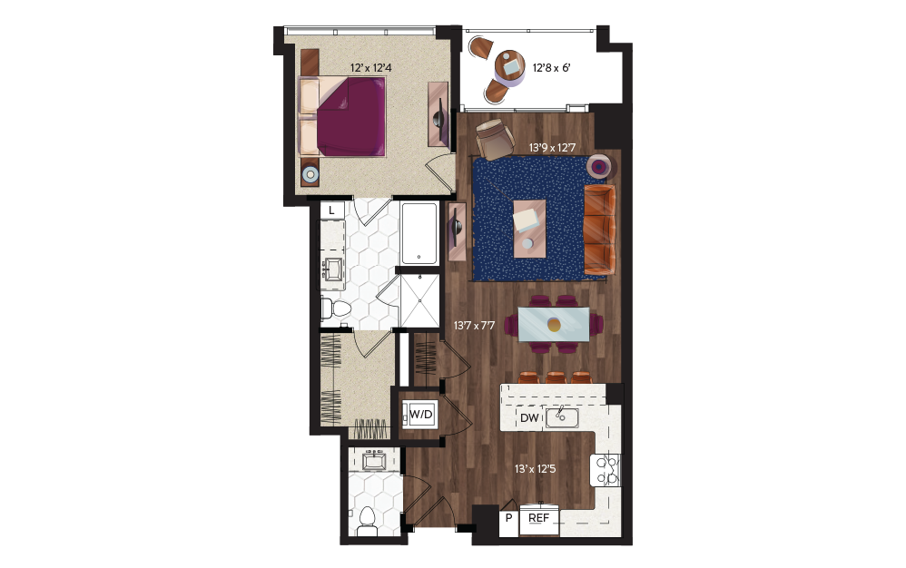 A11 - 1 bedroom floorplan layout with 1.5 bathroom and 893 square feet