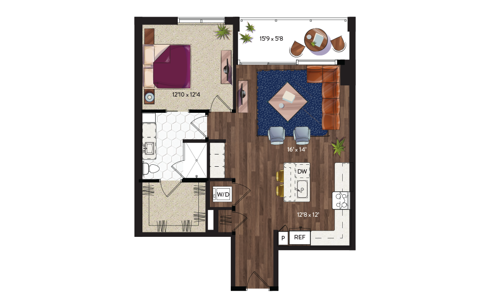 A12 - 1 bedroom floorplan layout with 1 bathroom and 901 square feet