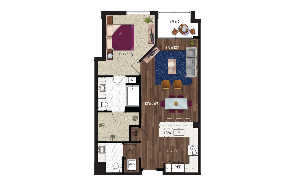 A13 - 1 bedroom floorplan layout with 1.5 bathroom and 924 square feet