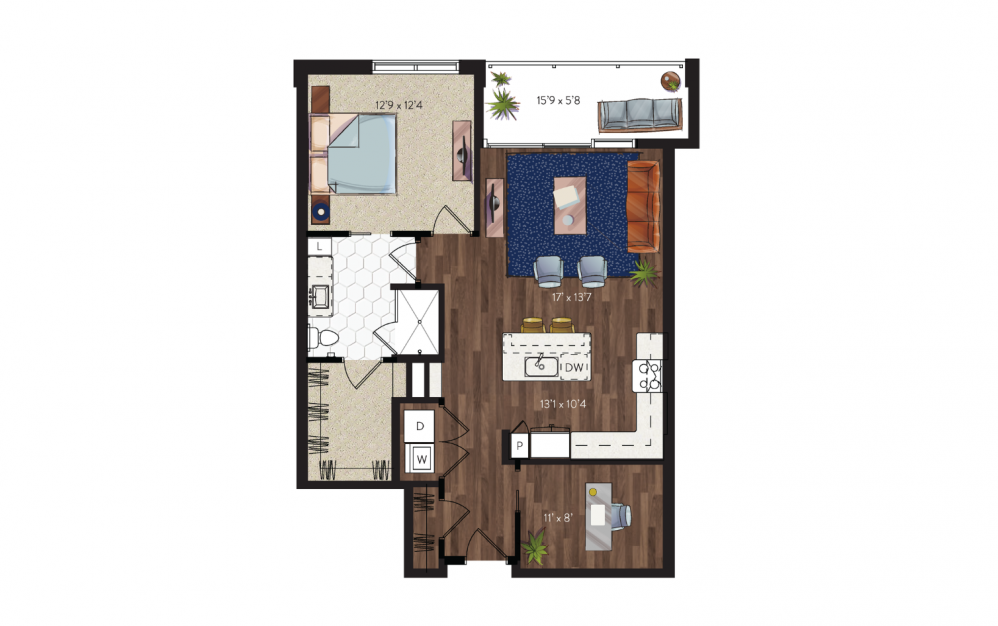 A14 - 1 bedroom floorplan layout with 1 bath and 971 square feet.