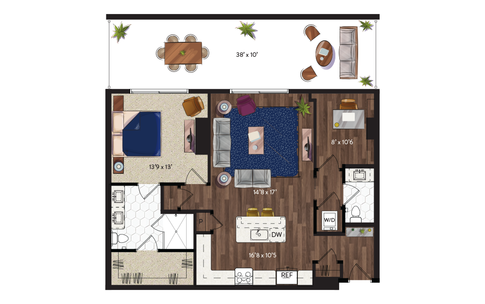 A15 - 1 bedroom floorplan layout with 1.5 bathroom and 1093 square feet