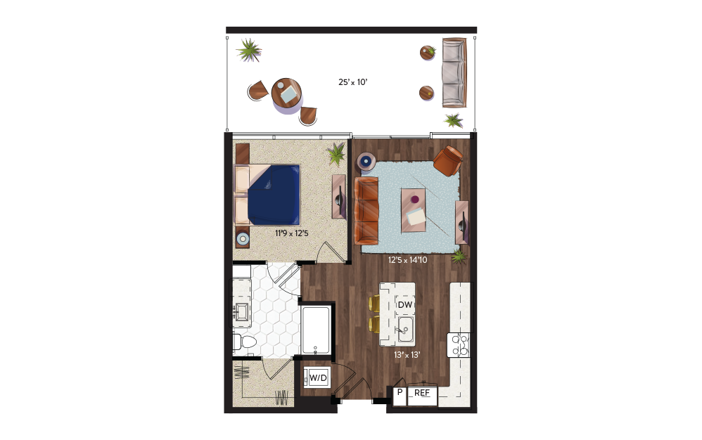 A2 - 1 bedroom floorplan layout with 1 bathroom and 720 square feet