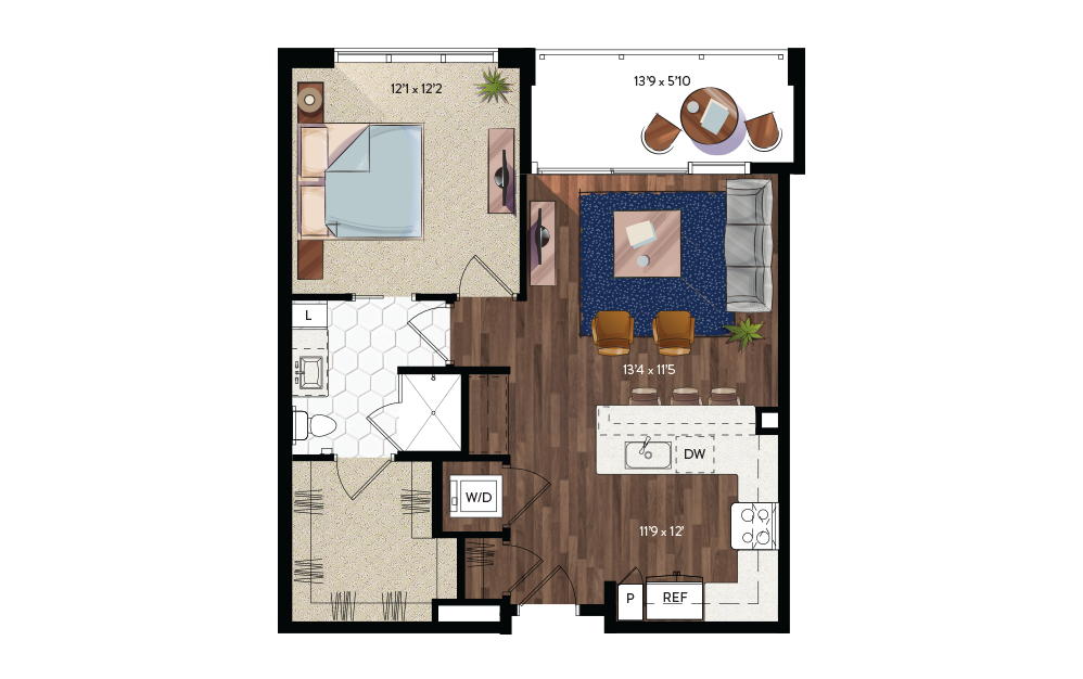 A4 - 1 bedroom floorplan layout with 1 bathroom and 741 square feet