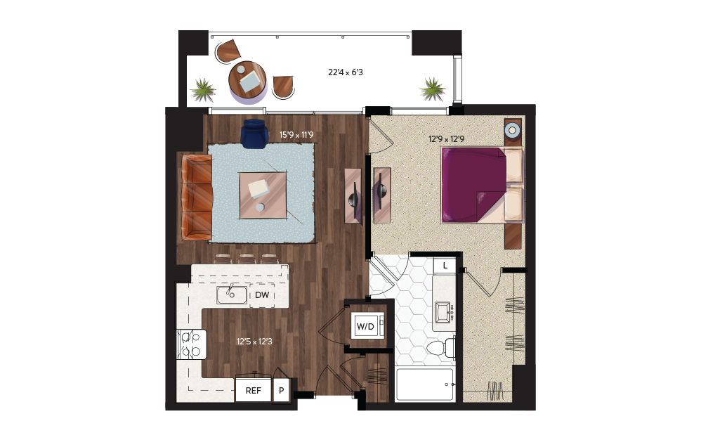 A5 - 1 bedroom floorplan layout with 1 bathroom and 749 square feet