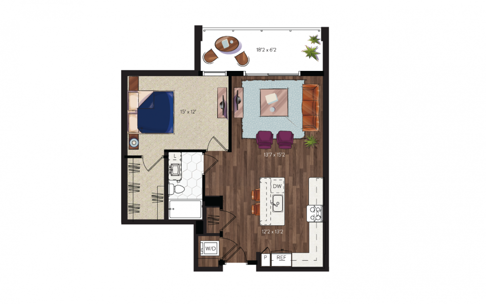 A6 - 1 bedroom floorplan layout with 1 bath and 810 square feet.