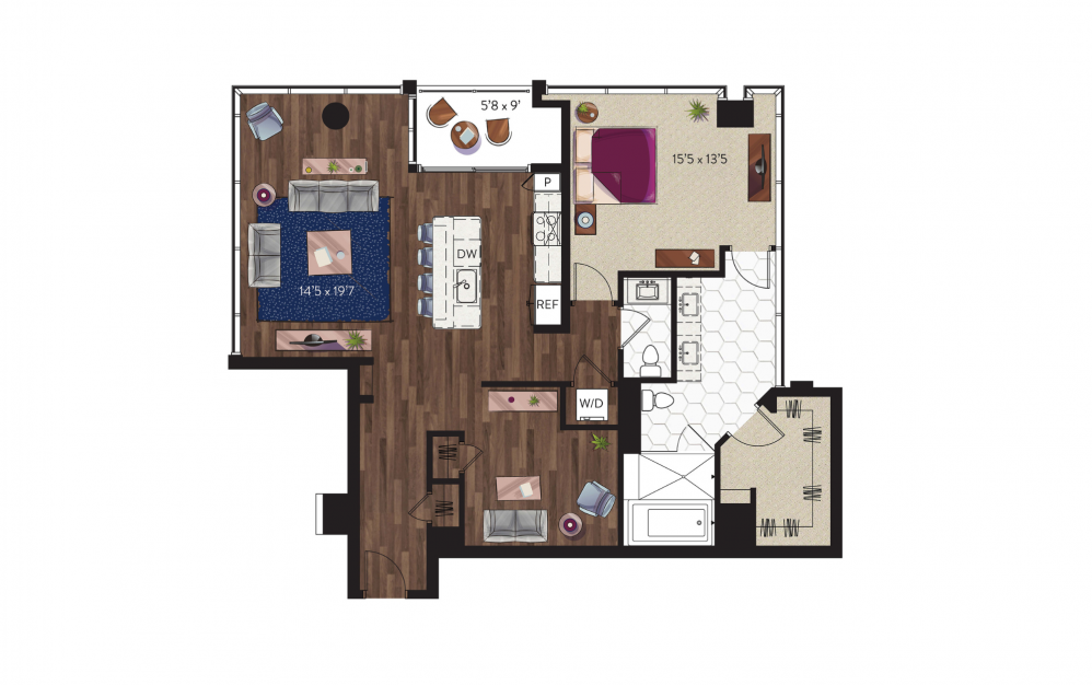 A6a - 1 bedroom floorplan layout with 1.5 bath and 1342 square feet.