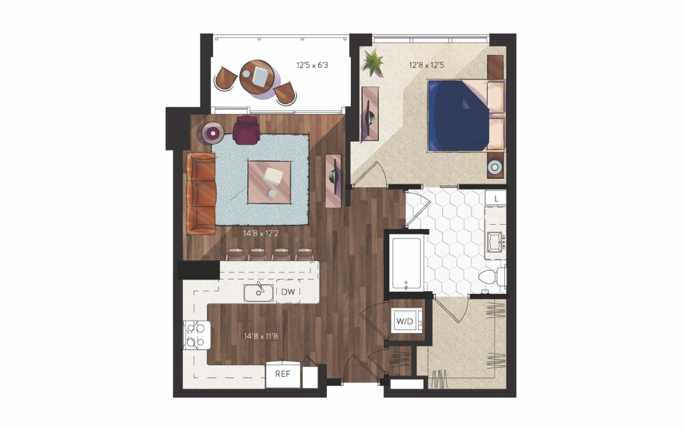 A7 - 1 bedroom floorplan layout with 1 bath and 814 square feet.
