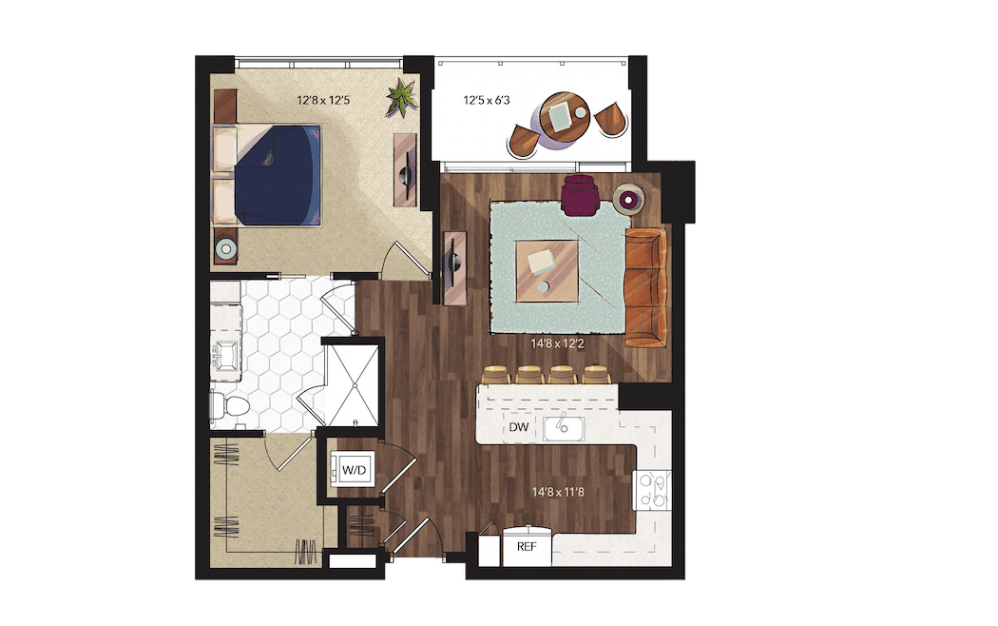 A7 - 1 bedroom floorplan layout with 1 bath and 814 square feet.