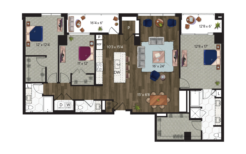 C1 - 3 bedroom floorplan layout with 2.5 bathrooms and 1949 square feet