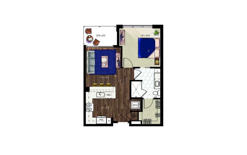 A1 - 1 bedroom floorplan layout with 1 bathroom and 707 square feet