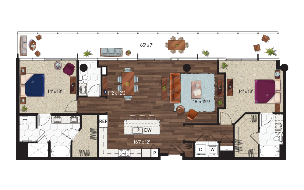 P1 - 2 bedroom floorplan layout with 2.5 bathrooms and 1693 square feet