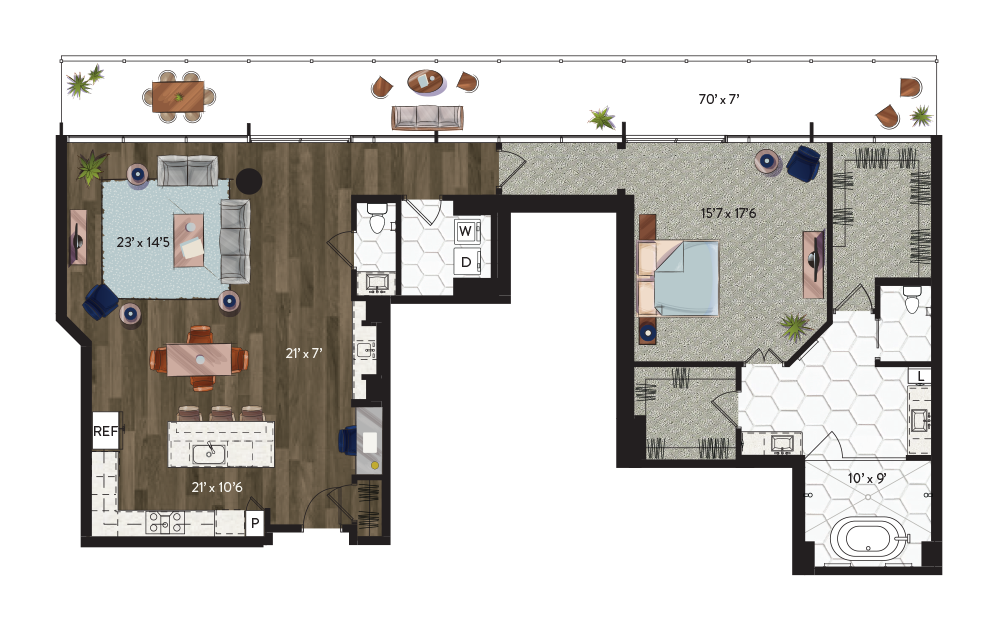 P2 - 1 bedroom floorplan layout with 1.5 bathroom and 1715 square feet