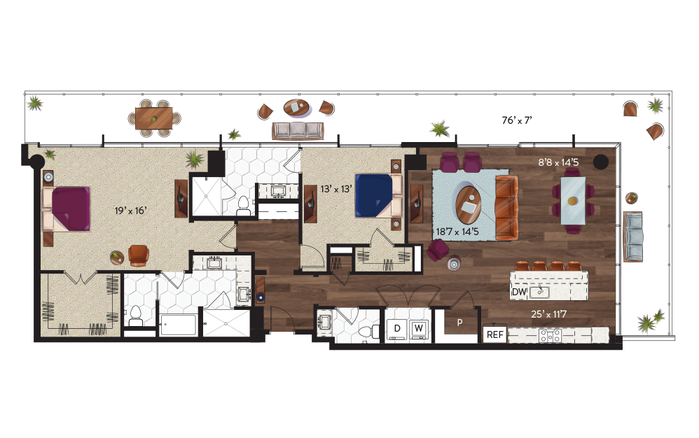 P3 - 2 bedroom floorplan layout with 2.5 bathrooms and 1935 square feet