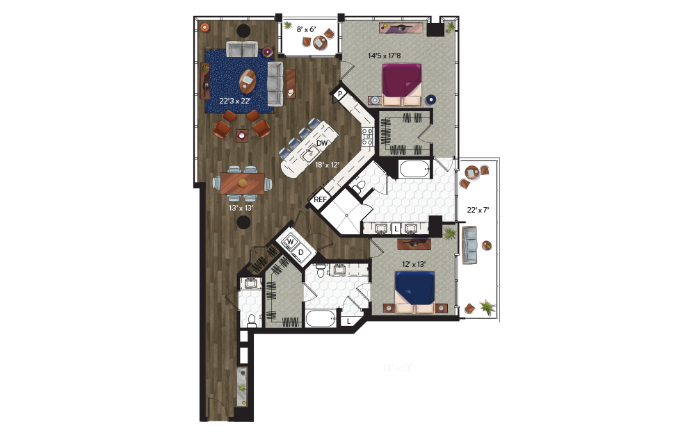 P5 - 2 bedroom floorplan layout with 2.5 bathrooms and 2027 square feet