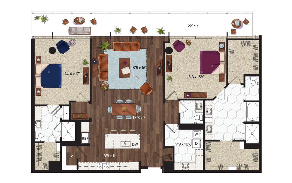 P6 - 2 bedroom floorplan layout with 2.5 bathrooms and 2071 square feet