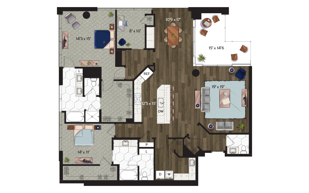 P7 - 2 bedroom floorplan layout with 2.5 bathrooms and 2179 square feet