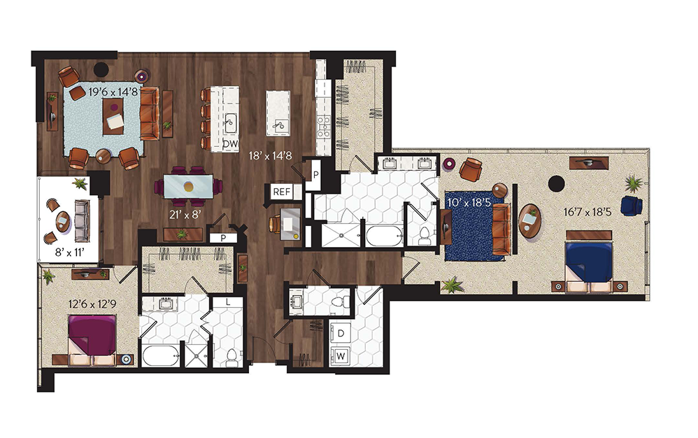 P8 - 2 bedroom floorplan layout with 2.5 bathrooms and 2464 square feet