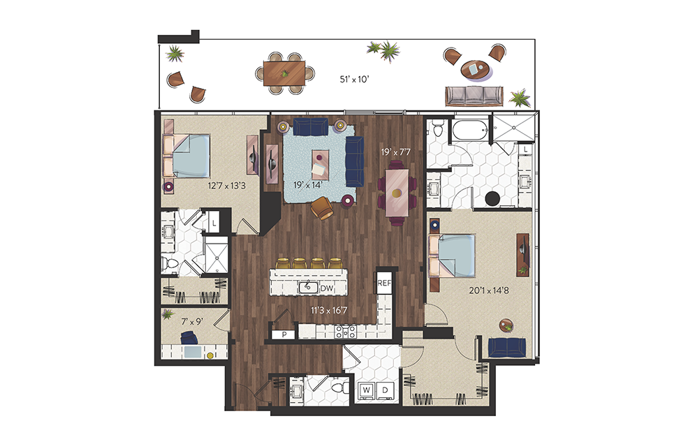 P4 - 2 bedroom floorplan layout with 2.5 bathrooms and 1979 square feet